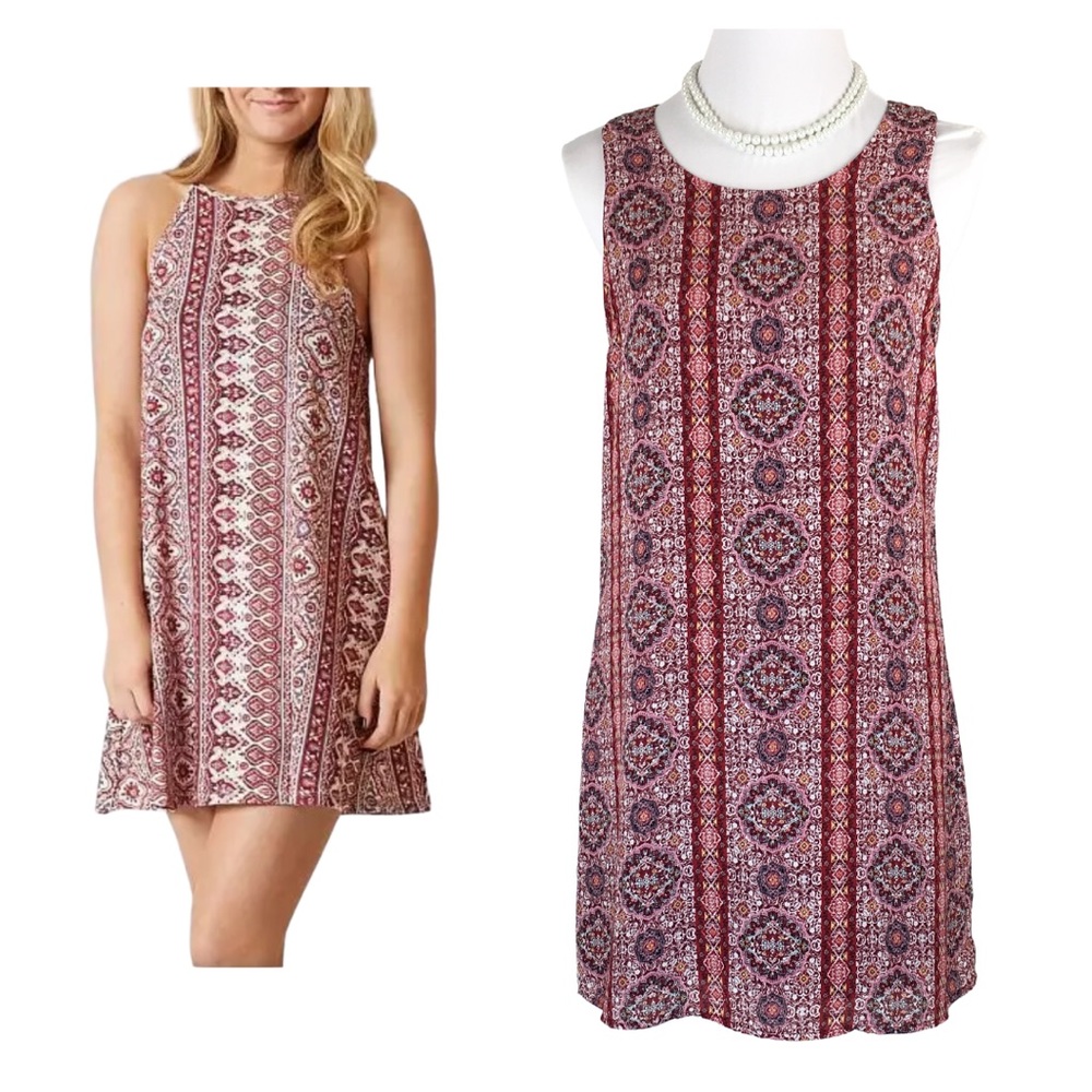Pink Republic Summer Burgundy Pattern Open Back Shift Mini Dress size Medium